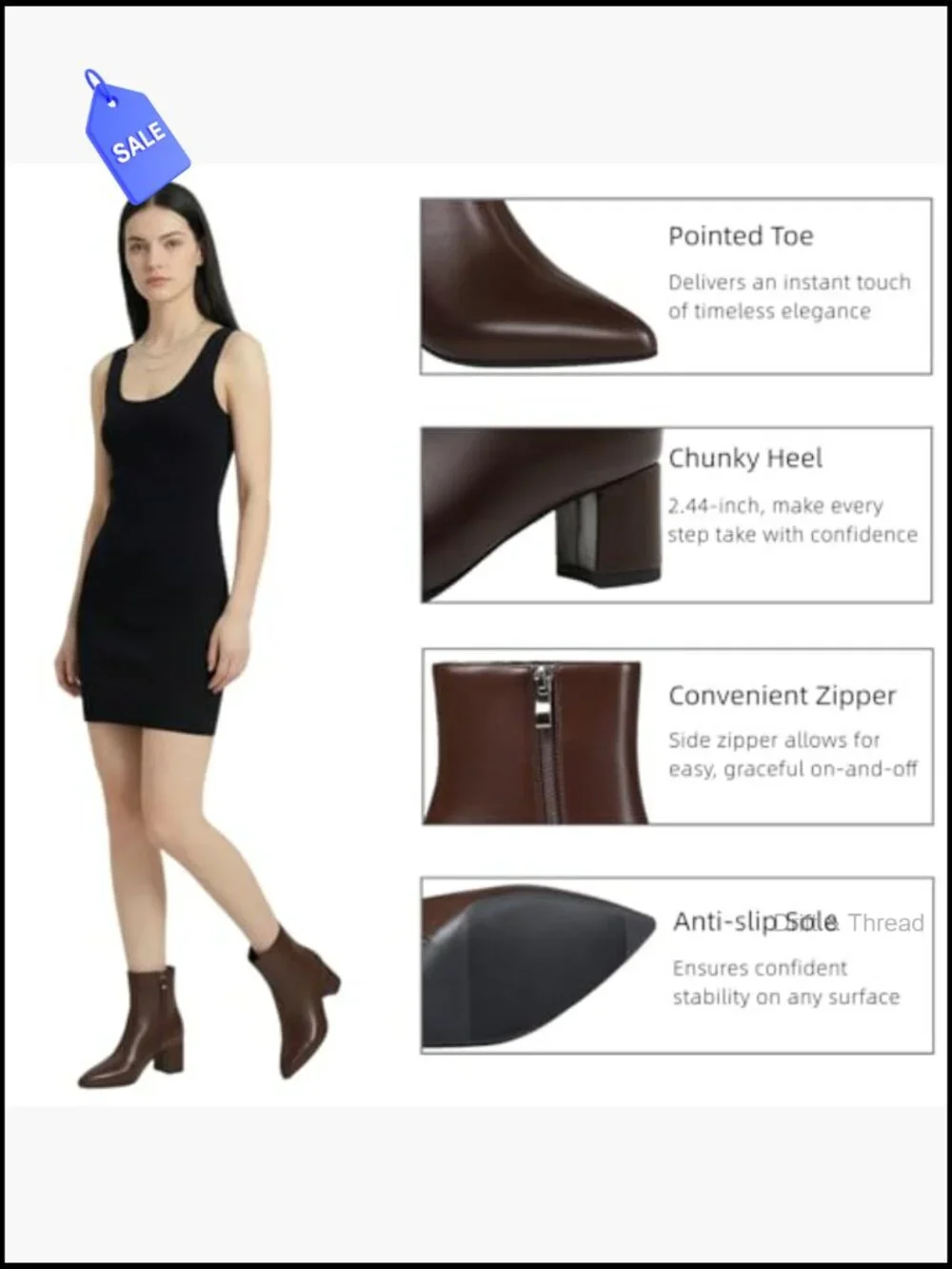 Wide Fit Pointed Toe Ankle Booties with Block Heel Women's Chunky Low Heel Boot